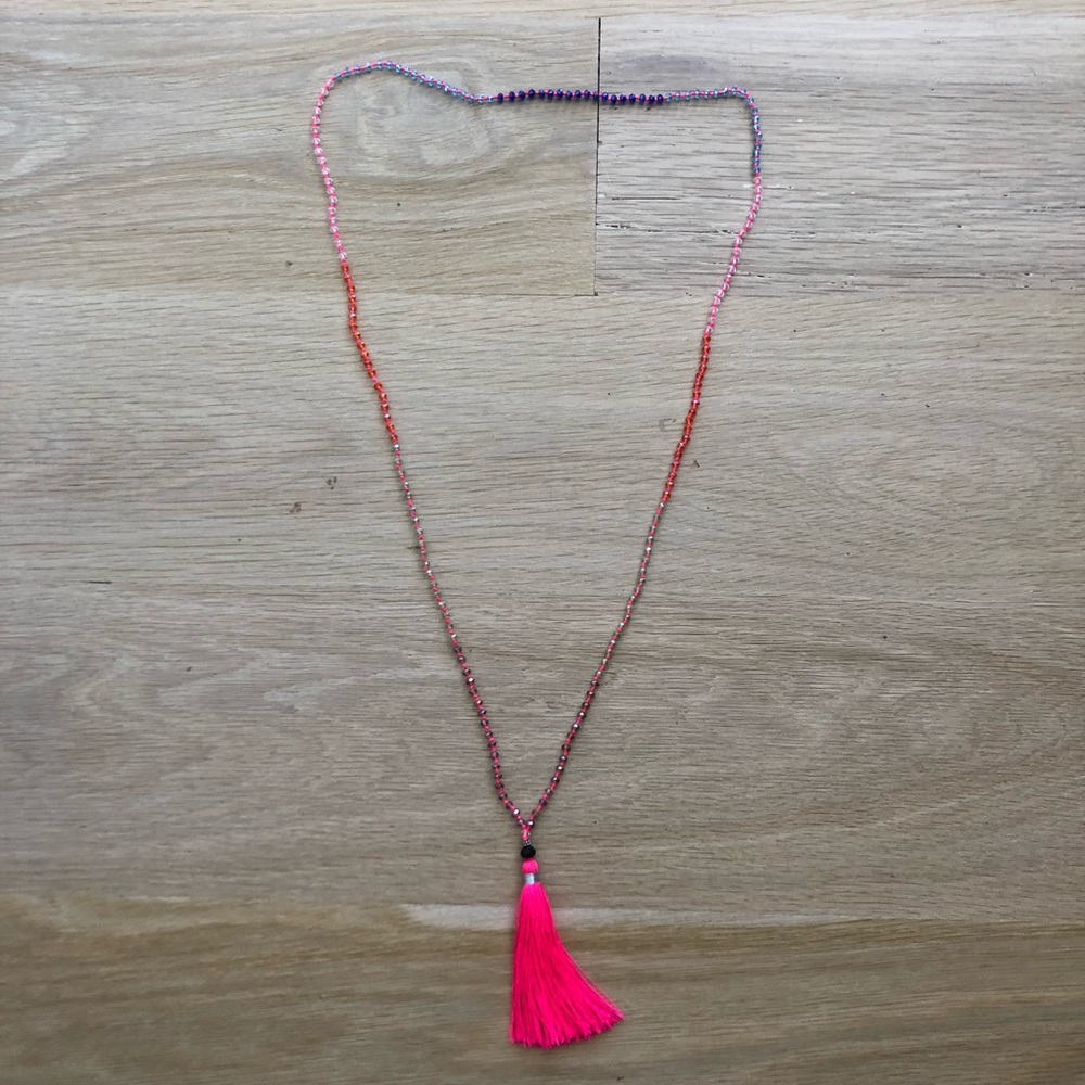 Hot pink silk tassel necklace by zacasha